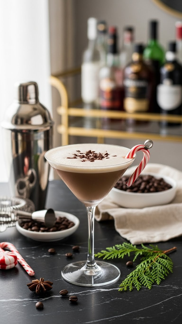 Sleek Creamy-Brown Martini In Frosted Glass With Candy Cane Garnish On Dark Marble Countertop