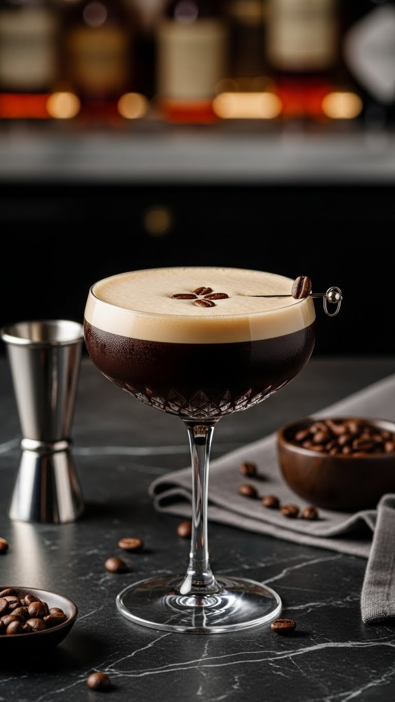 Sleek Dark Espresso Martini In Chilled Coupe Glass With Creamy Froth And Coffee Bean Garnish.
