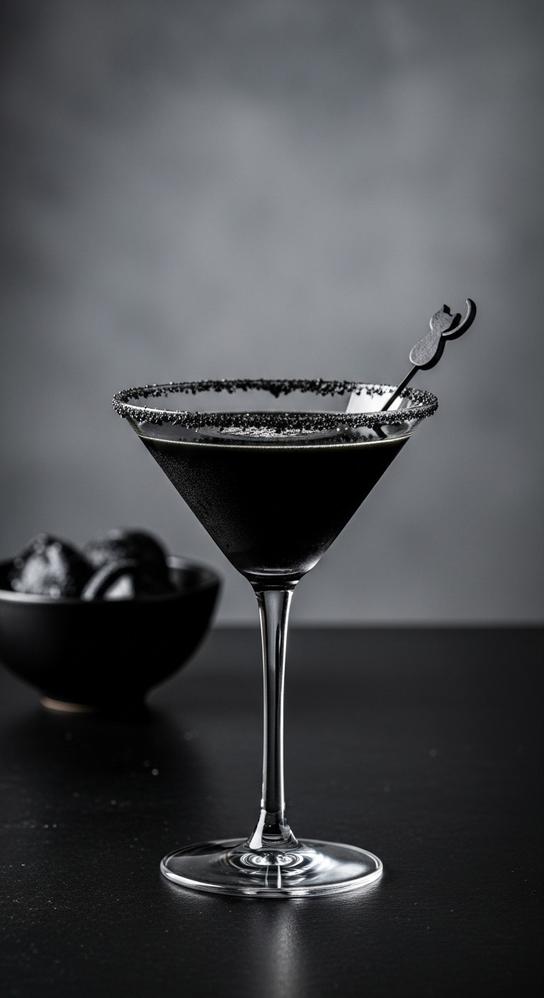 Sleek Jet-Black Black Cat Martini With A Sparkling Black Sugar Rim And A Cat-Shaped Cocktail Pick.
