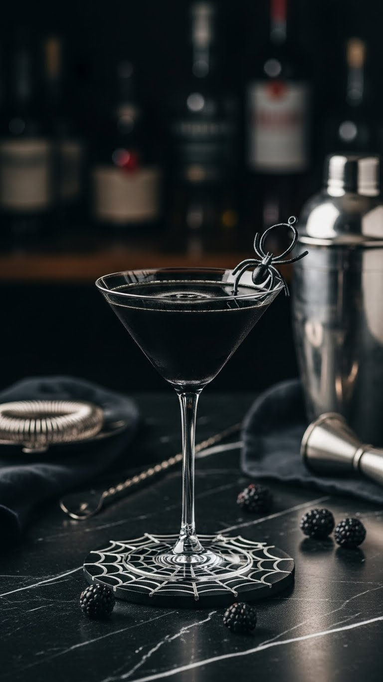 Sleek Opaque Black Widow Martini In Classic Glass With Black Spider Ring Garnish On Polished Marble Surface