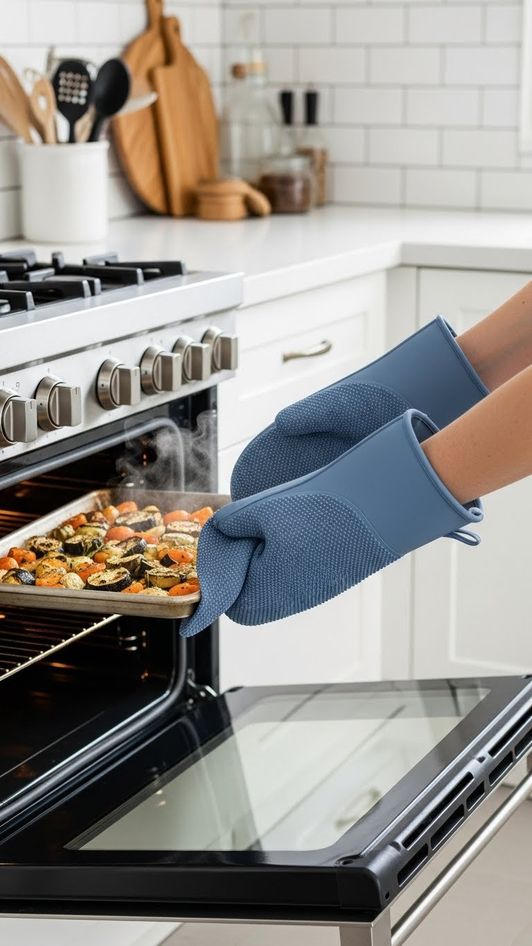 Sleek Silicone Baking Gloves With Textured Grip Removing Roasted Vegetables From Modern Oven In Contemporary Kitchen
