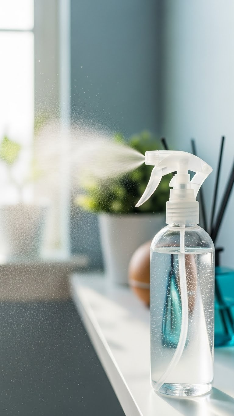 Sleek Transparent Spray Bottle Emitting Fine Mist Of Baking Soda Solution Against Softly Blurred Indoor Background.