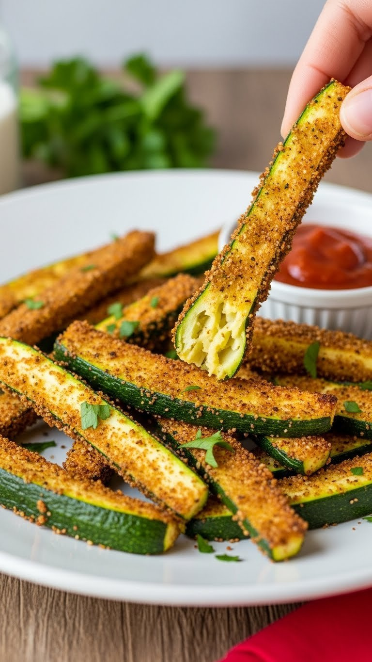 Slender Low-Carb Air Fried Zucchini Fries With Golden Brown Crispy Exterior And Tender Interior