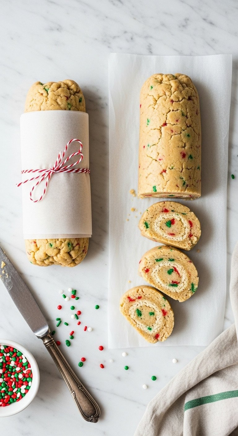 Slice-And-Bake Cookie Dough Log With Festive Sprinkles, With Three Round Slices Cut, On A Clean Marble Countertop.