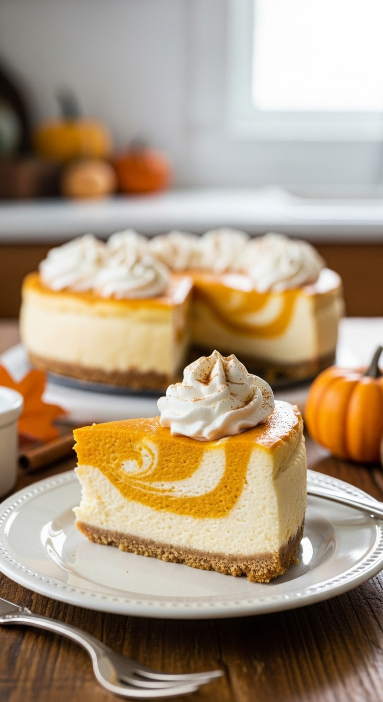 Slice Of Classic Pumpkin Swirl Cheesecake With White Filling, Orange Swirl, Graham Crust, Whipped Cream, Cinnamon. Rustic Thanksgiving Table.