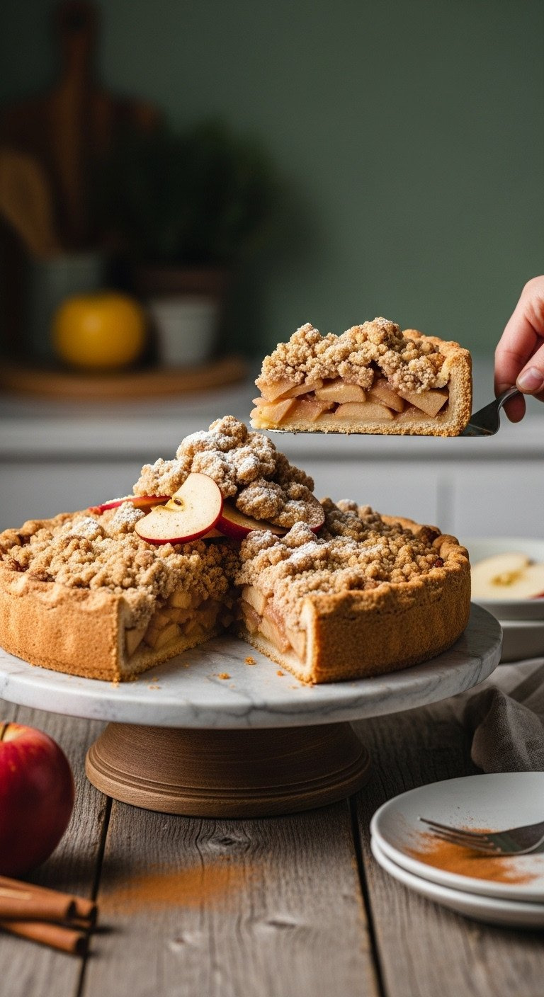 Slice Of Dutch Apple Pie Lifted, Revealing Tender Apple Filling, Streusel Topping, And Buttery Crust On A Rustic Stand.