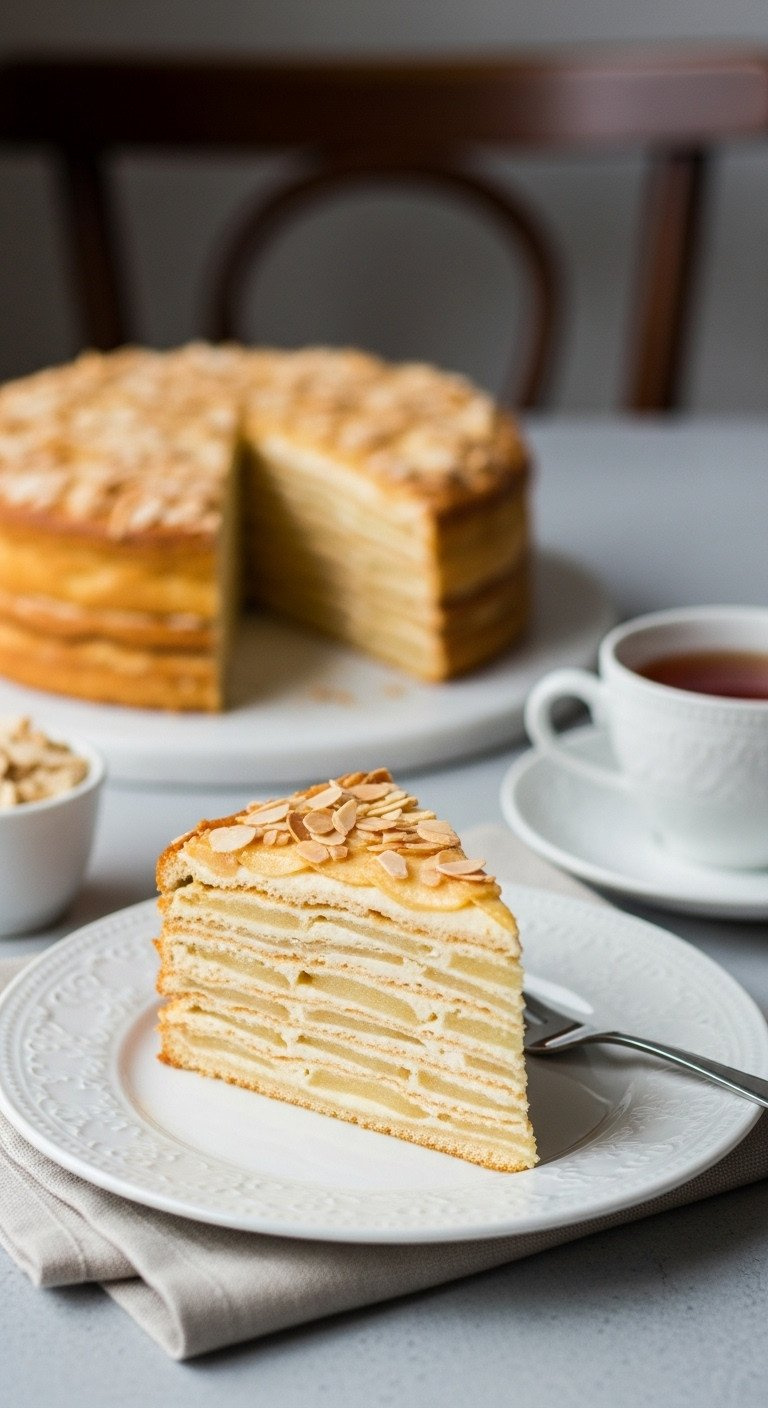 Slice Of French Apple Cake (Gâteau Invisible) With Thin Stacked Apple Layers On An Elegant Plate In A Chic Cafe Setting.