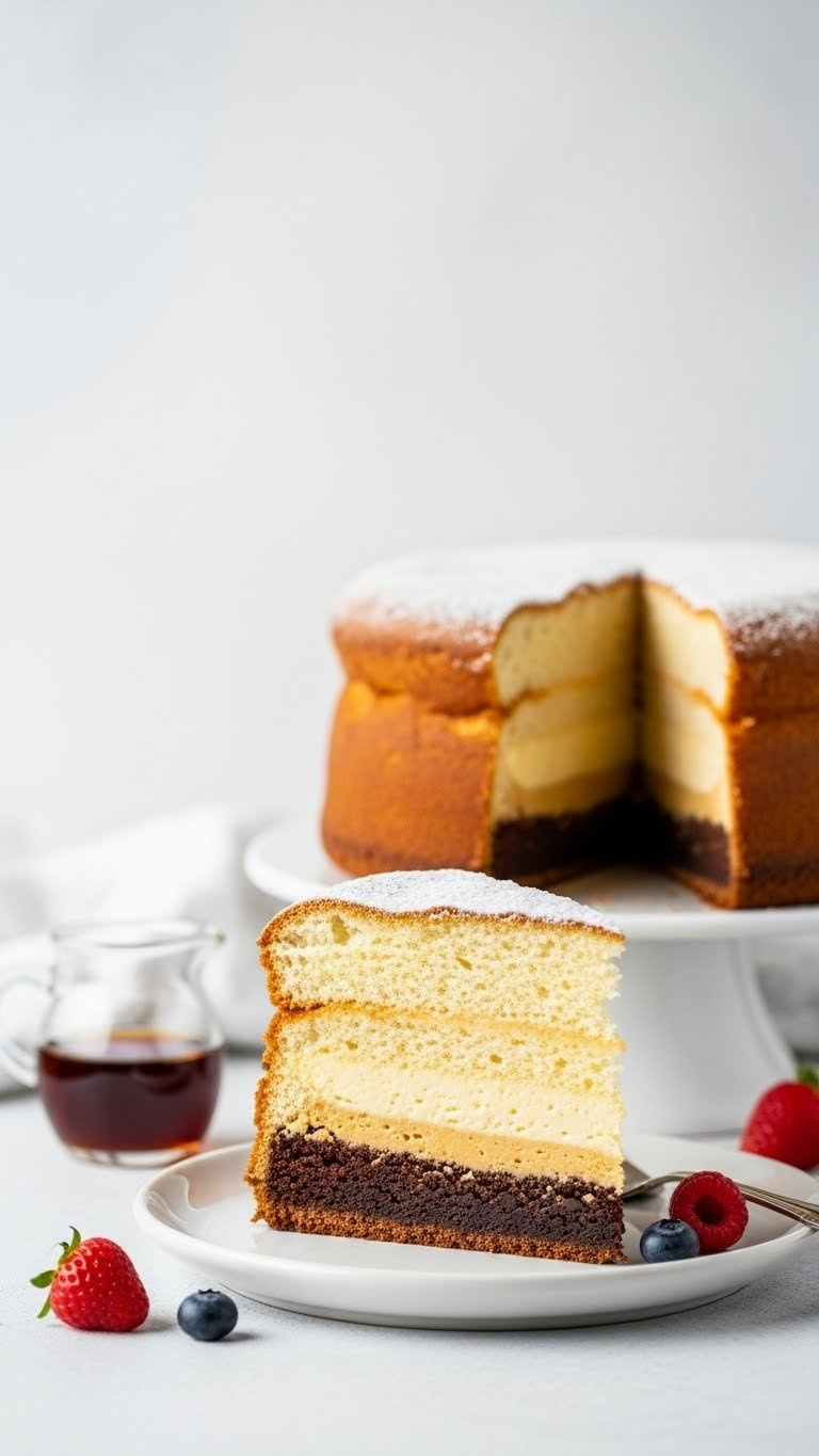 Slice Of Gâteau Magique Showing Distinct Fudgy, Custardy, Sponge Layers, Dusted Powdered Sugar, With Fresh Berries.