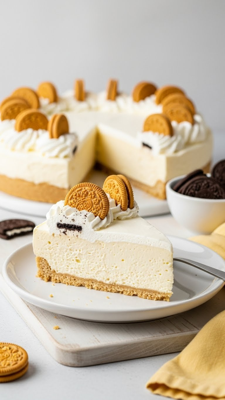 Slice Of Golden Oreo Dream Pie With Buttery Crust, Vanilla Filling, Whipped Cream &Amp; Golden Oreos. Light Yellow Dessert.