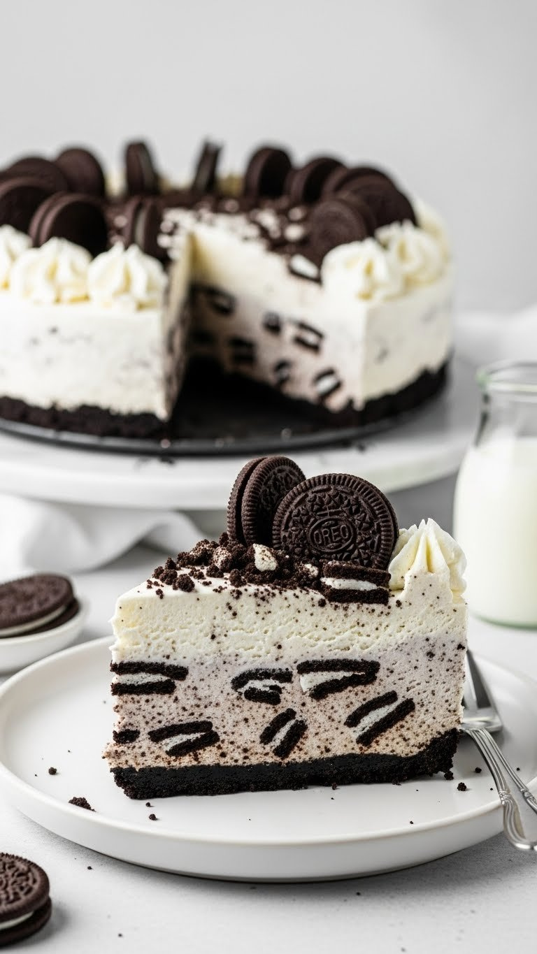 Slice Of No-Bake Oreo Cheesecake With Creamy Filling, Oreo Crust, Mini Oreo Topping On A White Plate. Milk And Fork.