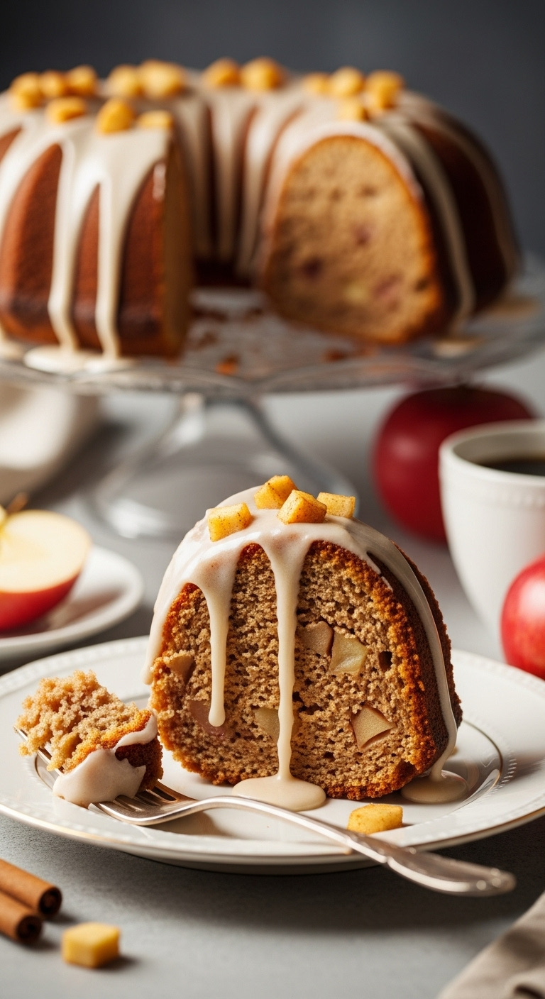 Slice Of Apple Spice Cake With Cinnamon Glaze On A Vintage Porcelain Plate With A Fork Coffee And A Red Apple