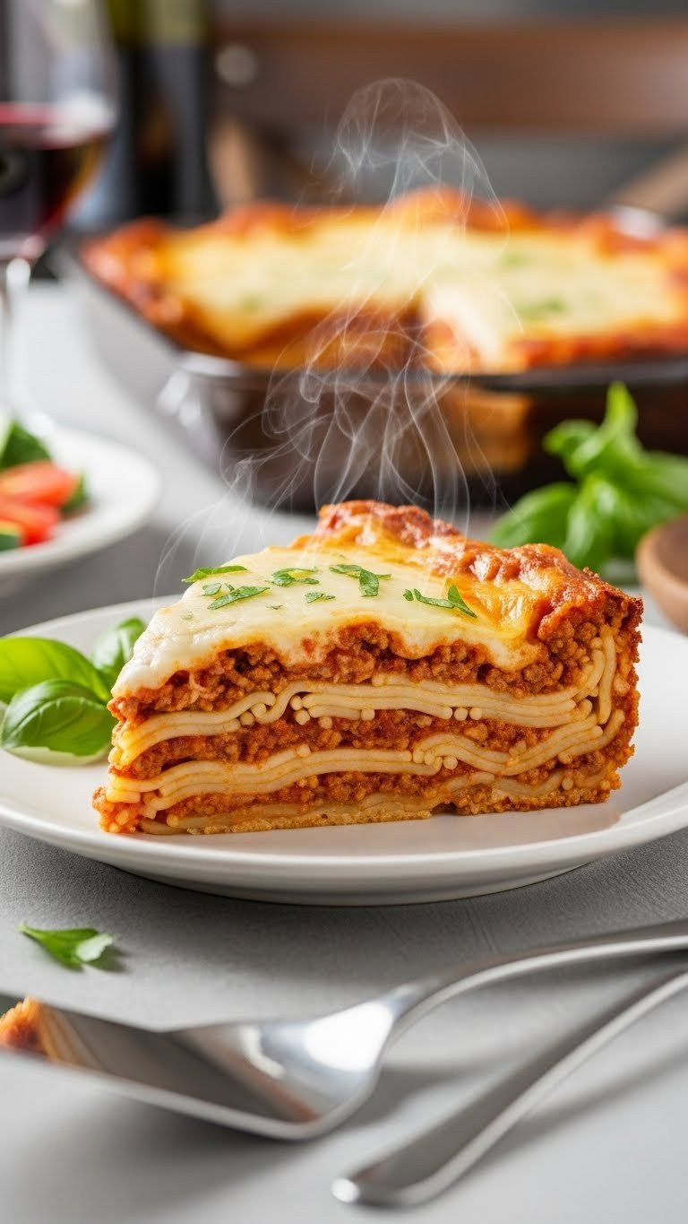 Slice Of Baked Spaghetti Casserole On White Plate Showing Distinct Layers With Golden Brown Crisp Top