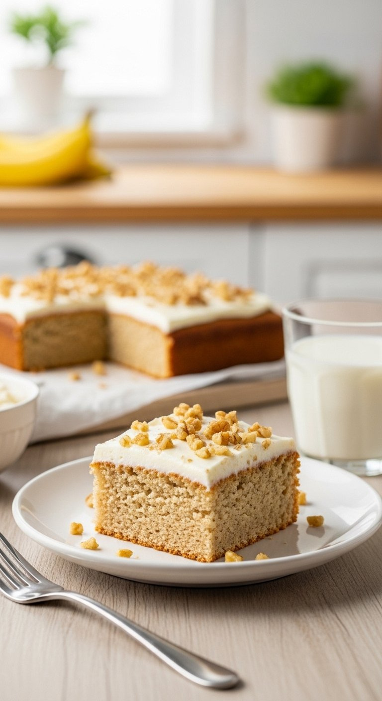 Slice Of Banana Snack Cake With Cream Cheese Frosting And Walnuts On White Plate.