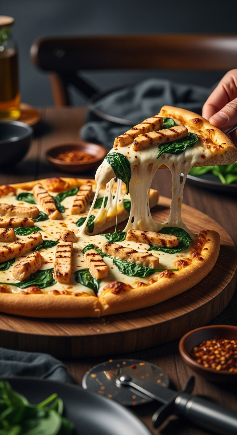 Slice Of Chicken Alfredo Pizza With Creamy Sauce And Cheese Pull For A Delicious 15-Minute Meal Idea