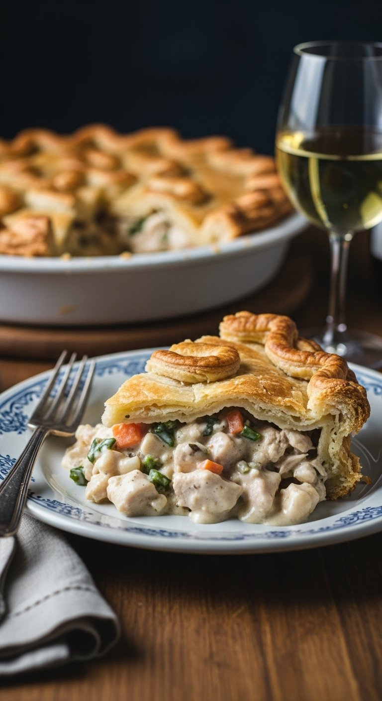 Slice Of Chicken Pot Pie On A Vintage Plate Revealing Flaky Crust And Thick Creamy Filling.