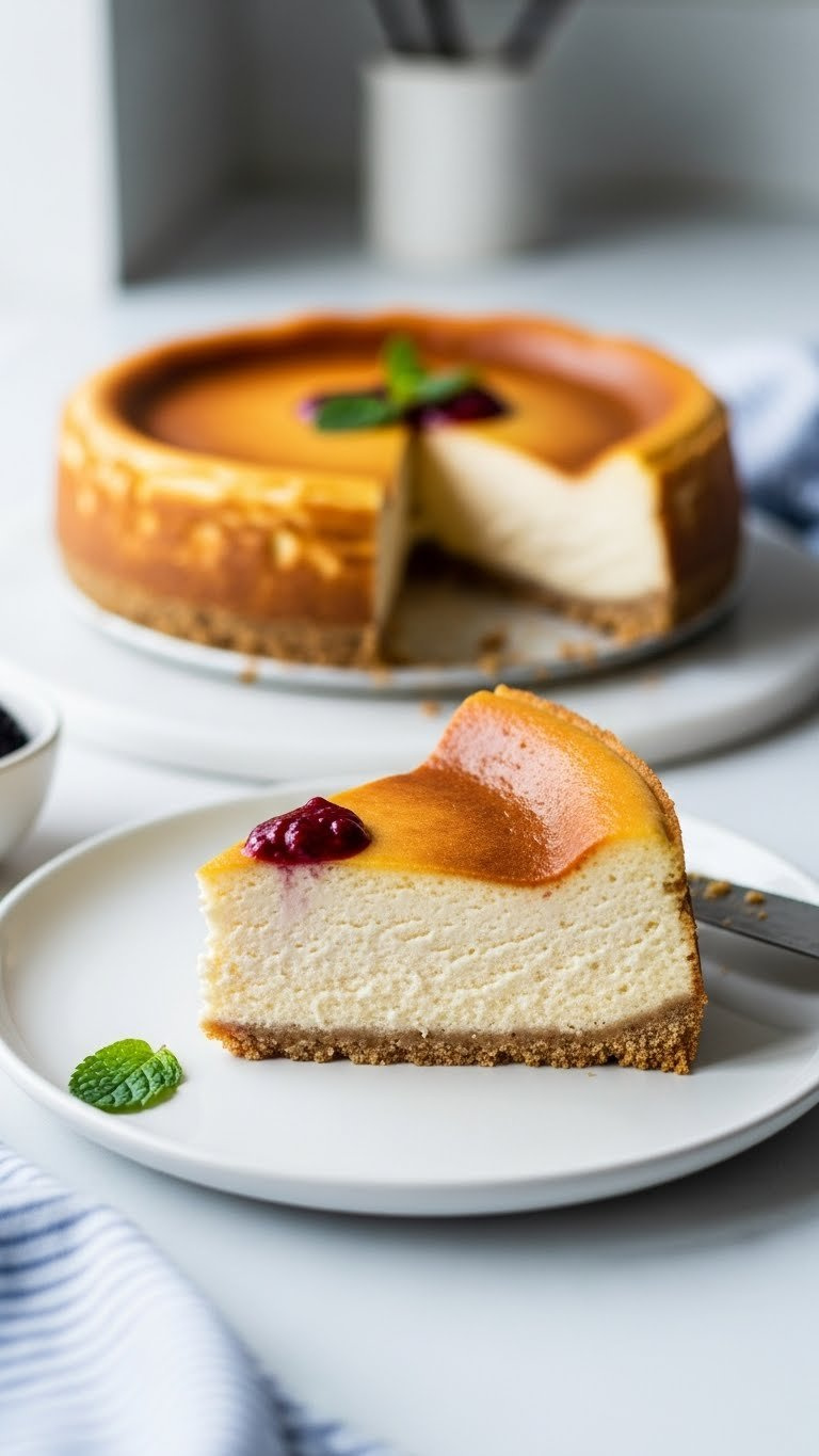 Slice Of Chilled Healthy Cheesecake Cut To Reveal Dense Creamy Interior On White Plate