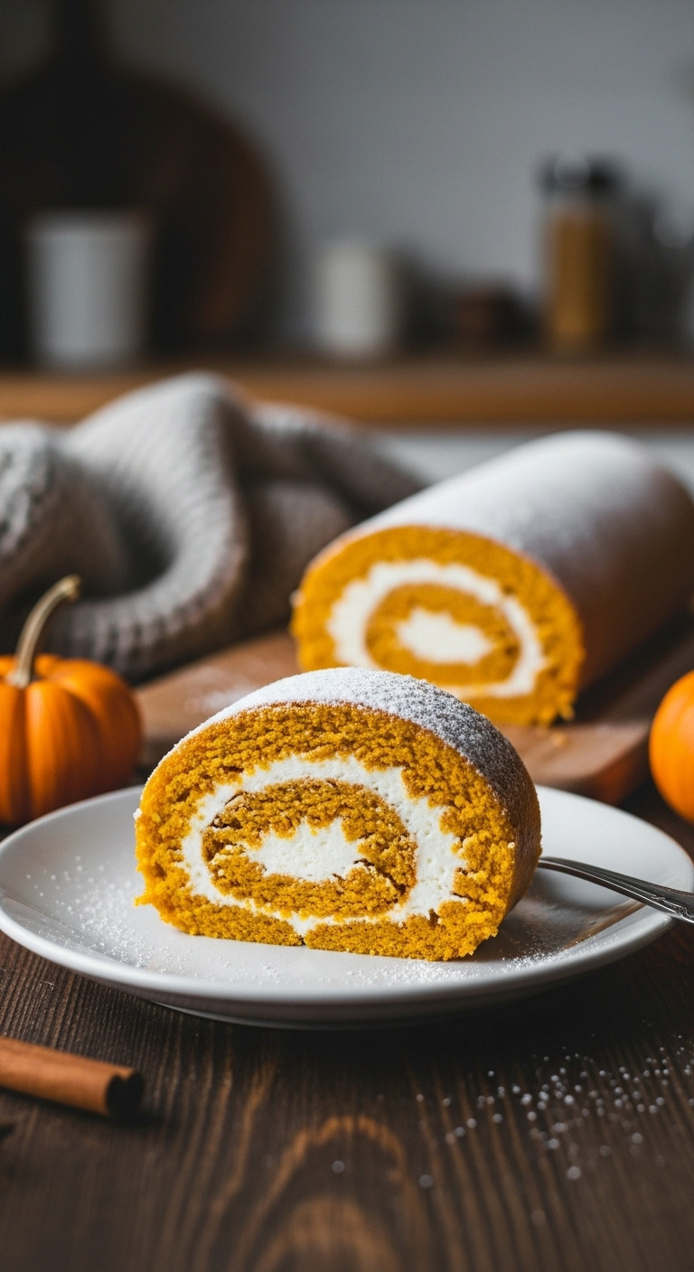 Slice Of Classic Pumpkin Roll With Cream Cheese Filling And Powdered Sugar On A Dark Wood Table