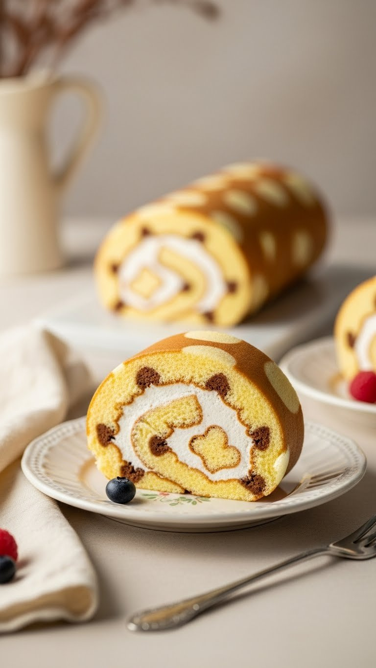 Slice Of Deco Roll Cake With Intricate Animal Patterns Visible In The Light Fluffy Sponge
