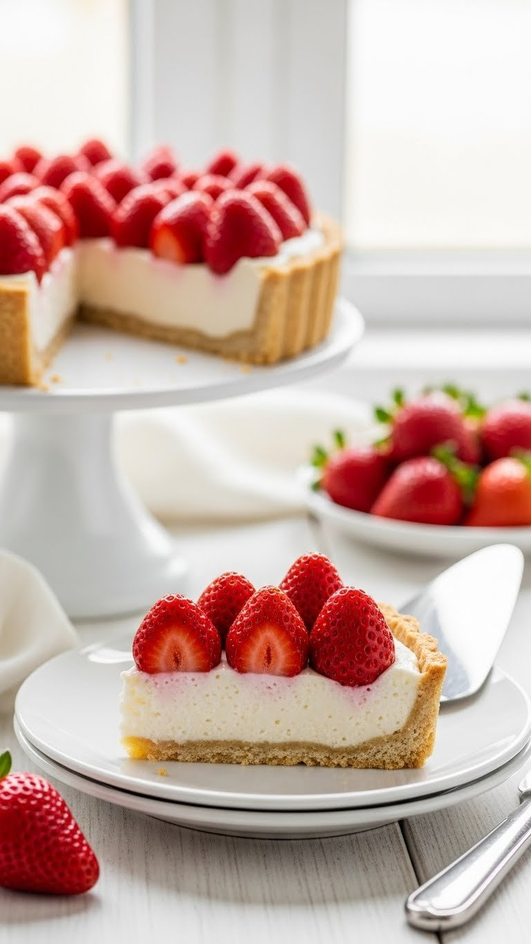 Slice Of Eggless Strawberry Cream Cheese Pie With Flaky Crust And Fresh Strawberries On A Cake Stand. Elegant Dessert.