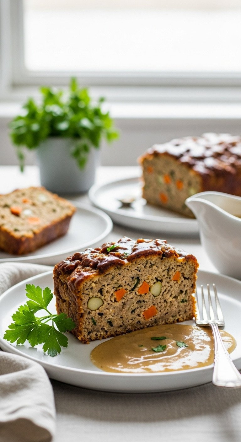 Slice Of Festive Holiday Nut Roast With Vegetables, Savory Glaze On White Plate With Gravy, Parsley, Christmas Table Setting.