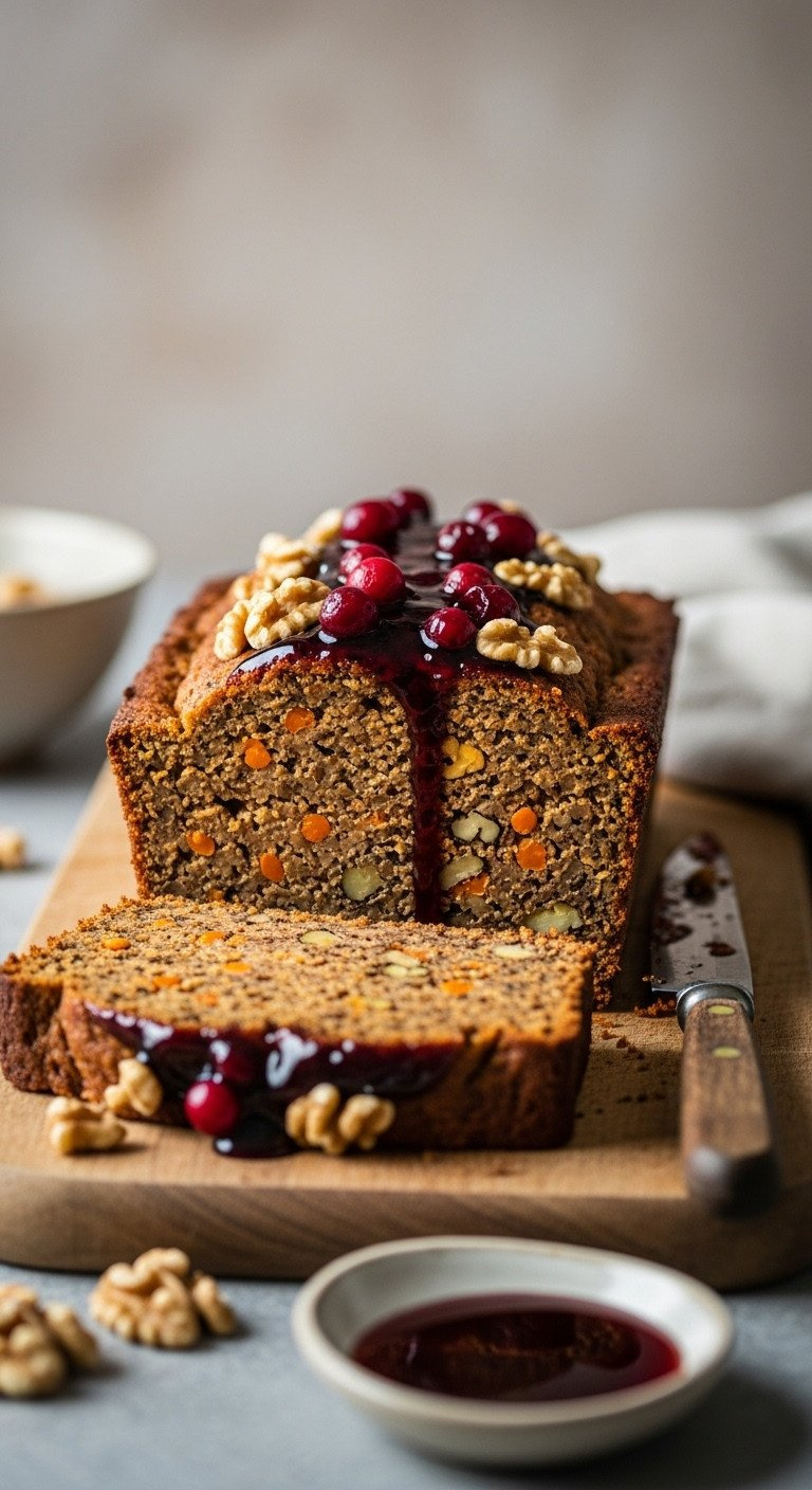 Slice Of Festive Lentil Loaf With Red Lentils, Vegetables, Walnuts, Topped With Glossy Balsamic Glaze On Wood.