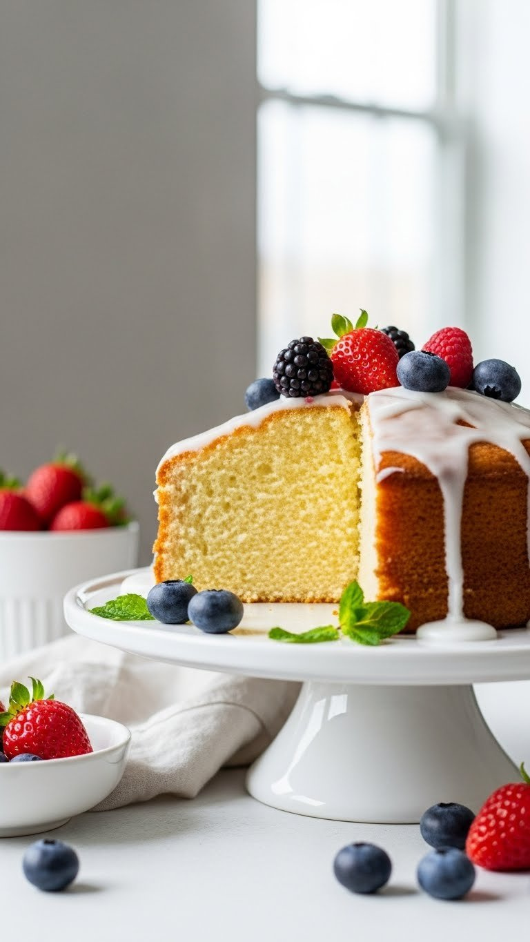 Slice Of Fluffy Greek Yogurt Protein Cake With Glaze Drizzle And Fresh Berries On White Cake Stand In Bright Natural Light