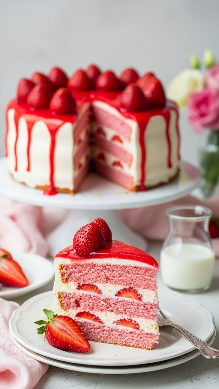 Slice Of Fresh Multi-Layered Strawberry Cake With Pink Crumb, Creamy Filling, Vibrant Glaze, And Fresh Berries.