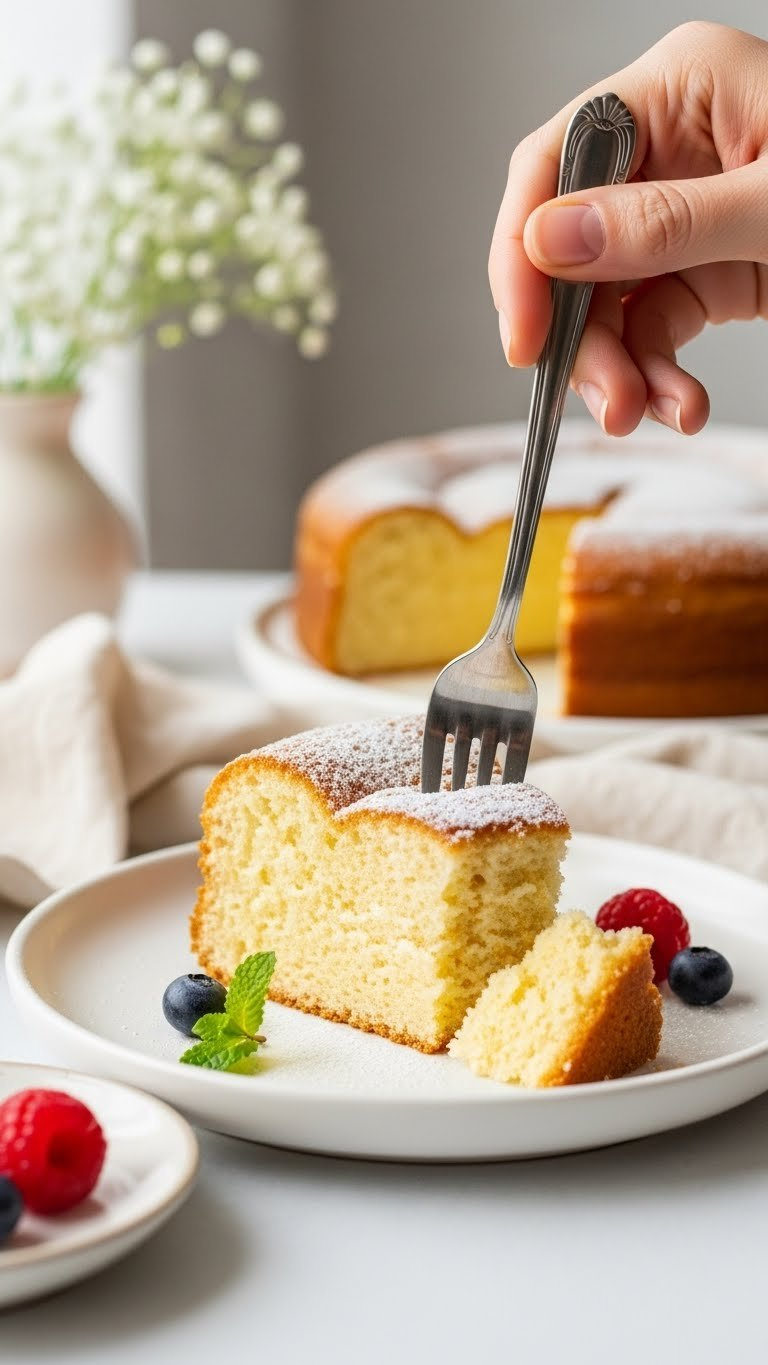 Slice Of Golden Greek Yogurt Cake With Powdered Sugar Dusting On A White Plate With Fork And Berries
