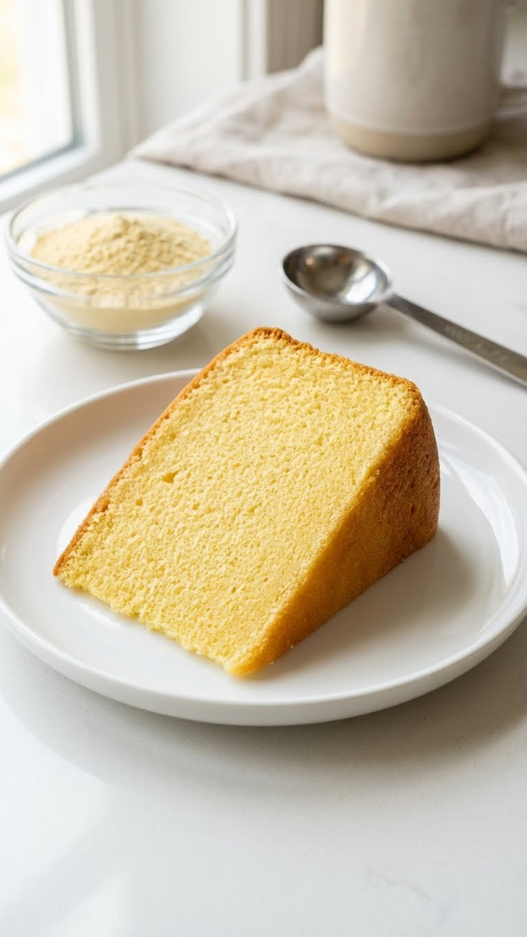 Slice Of Golden-Yellow Sponge Cake With Moist Crumb, Made With Soy Lecithin, On A White Plate, Bright Daylight, Minimalist.