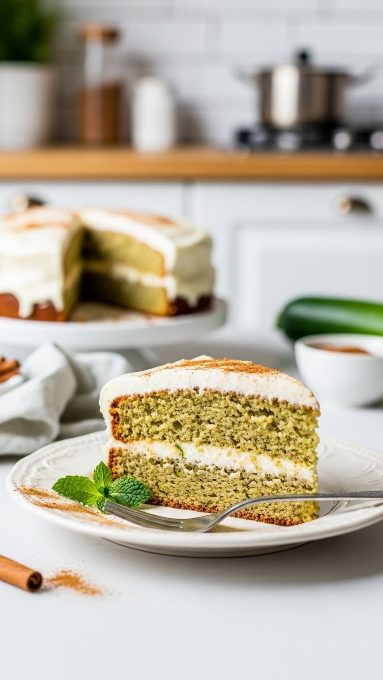 Slice Of Healthy Zucchini Cake With Cream Cheese Frosting On Vintage Ceramic Plate With Mint Garnish