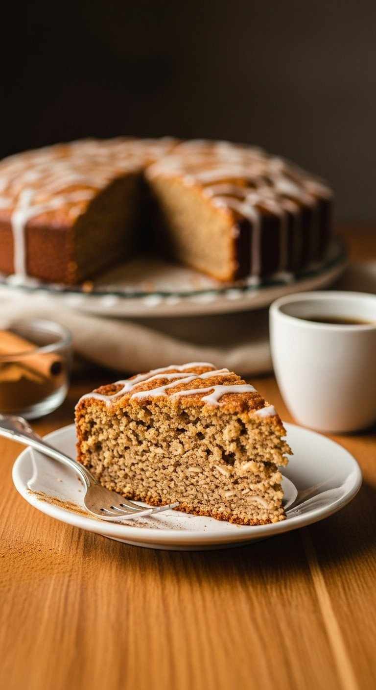 Slice Of Heart-Healthy Oatmeal Snack Cake With Light Glaze, Cinnamon, Coffee On Vintage Plate. Wholesome Dessert.