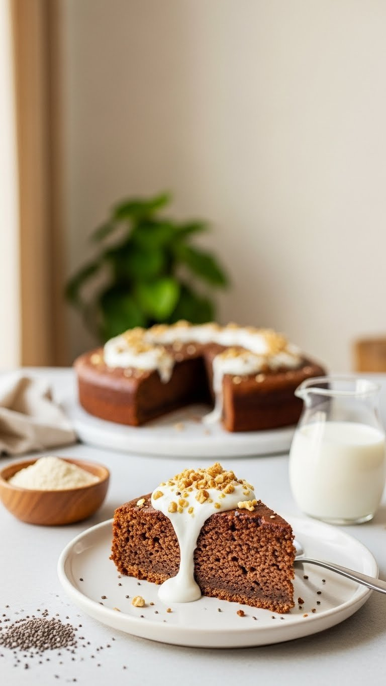 Slice Of High-Protein Chocolate Cake With Dense Moist Crumb And Greek Yogurt Topping On White Plate In Bright Daylight