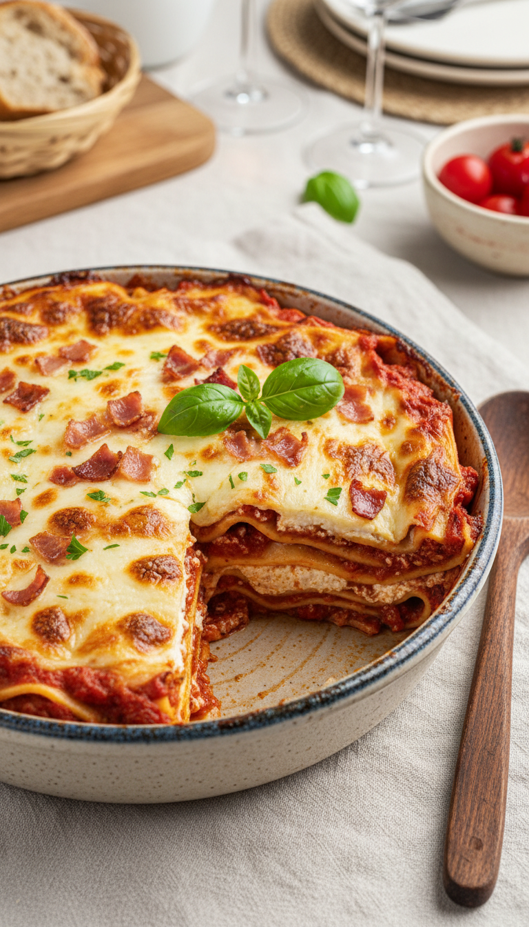 Slice Of Layered Lasagna With Marinara, Ricotta, Pancetta, And Melted Mozzarella In A Ceramic Dish On A Linen Tablecloth.