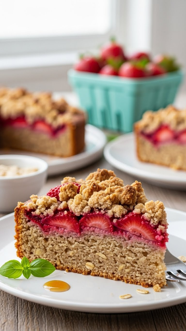 Slice Of Low-Sugar Strawberry Oat Crumble Cake With Fresh Berries And Streusel Topping On White Plate.
