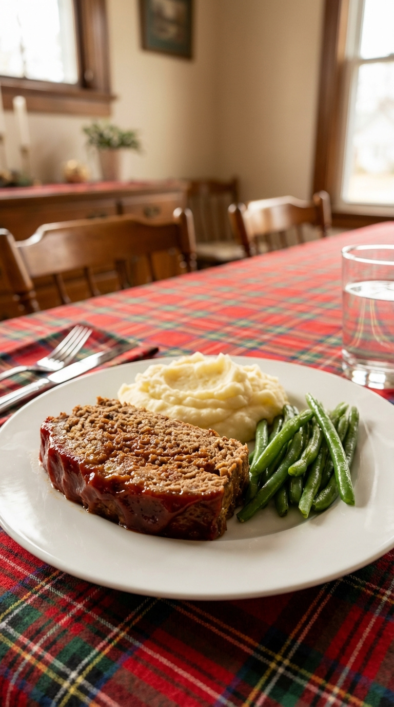 Slice Of Meatloaf With Ketchup Glaze Served With Mashed Potatoes And Green Beans On White Plate.