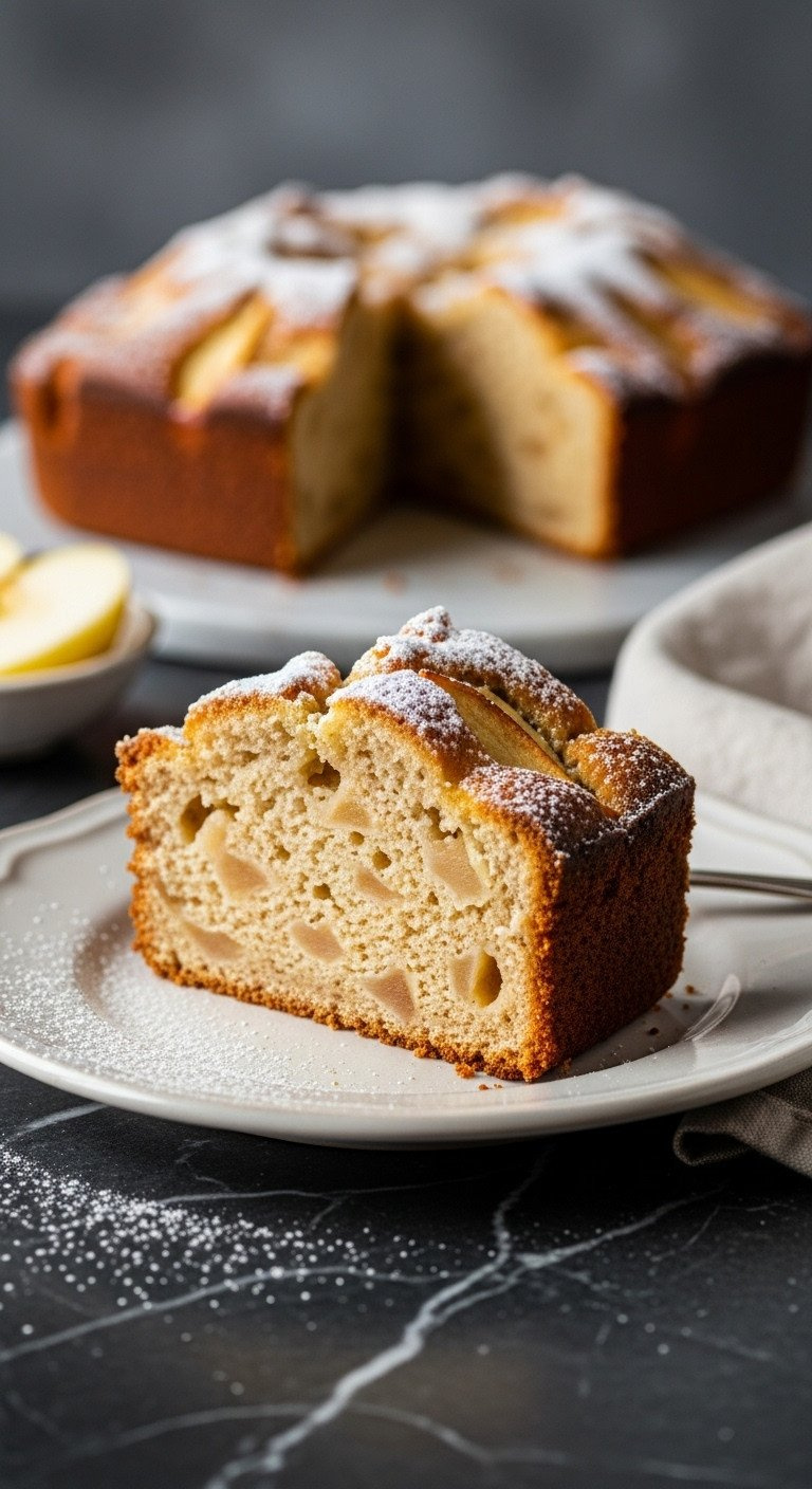 Slice Of Moist French Apple Cake With Apple Chunks, Sugary Crust, Powdered Sugar On A Vintage Plate.