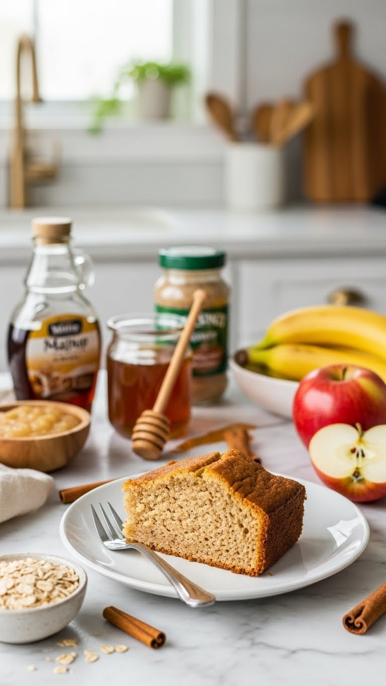 Slice Of Moist Apple Cinnamon Healthy Cake On White Plate With Natural Sweeteners Like Maple Syrup And Ripe Bananas In Soft Bokeh Background