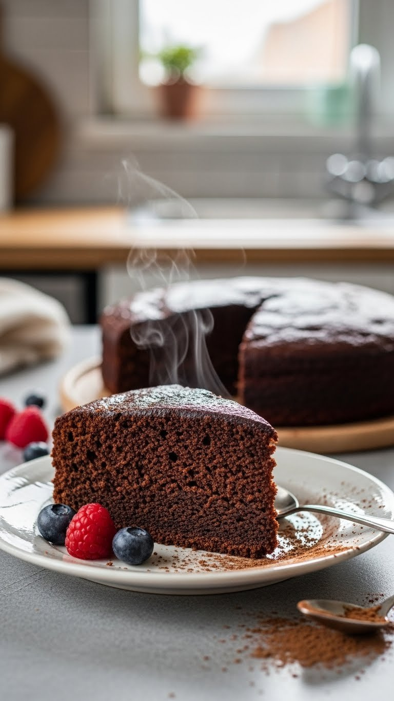 Slice Of Moist Eggless Chocolate Cake With Glossy Crumb On Ceramic Plate, Featuring Steam And Cocoa Powder Dusting.