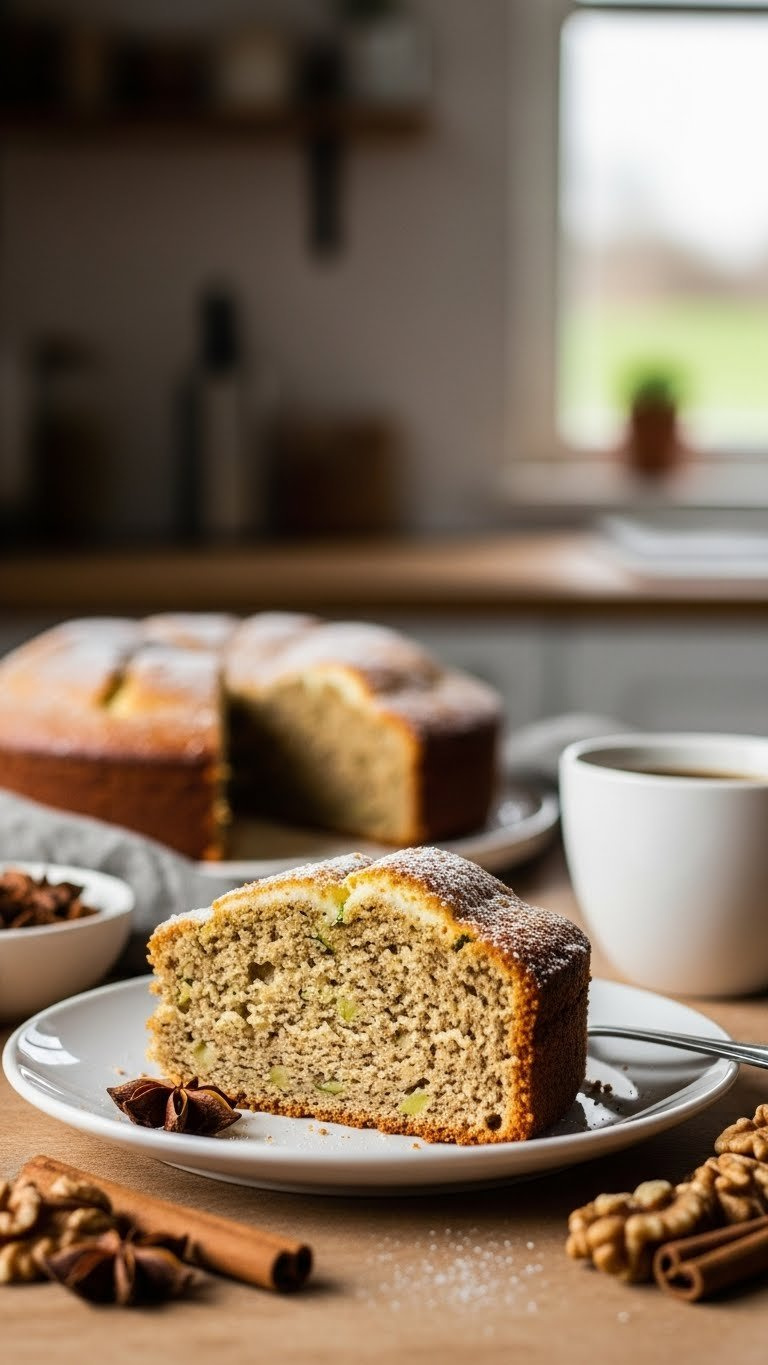 Slice Of Moist Gluten-Free Zucchini Spice Cake With Cream Cheese Frosting On White Ceramic Plate With Spices