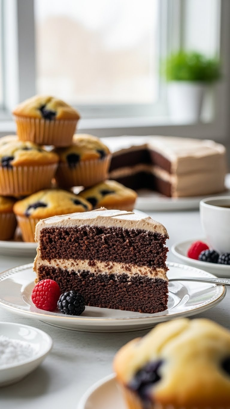 Slice Of Moist Keto Chocolate Cake With Decadent Frosting Or Stack Of Golden Keto Blueberry Muffins