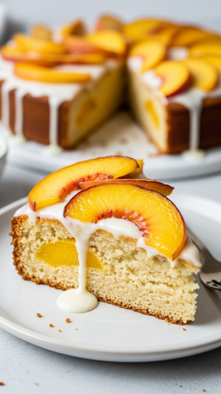 Slice Of Moist One-Bowl Fresh Peach Cake With Caramelized Peach Slices, Fluffy Crumb, And Vanilla Glaze On A Plate In Bright Daylight.