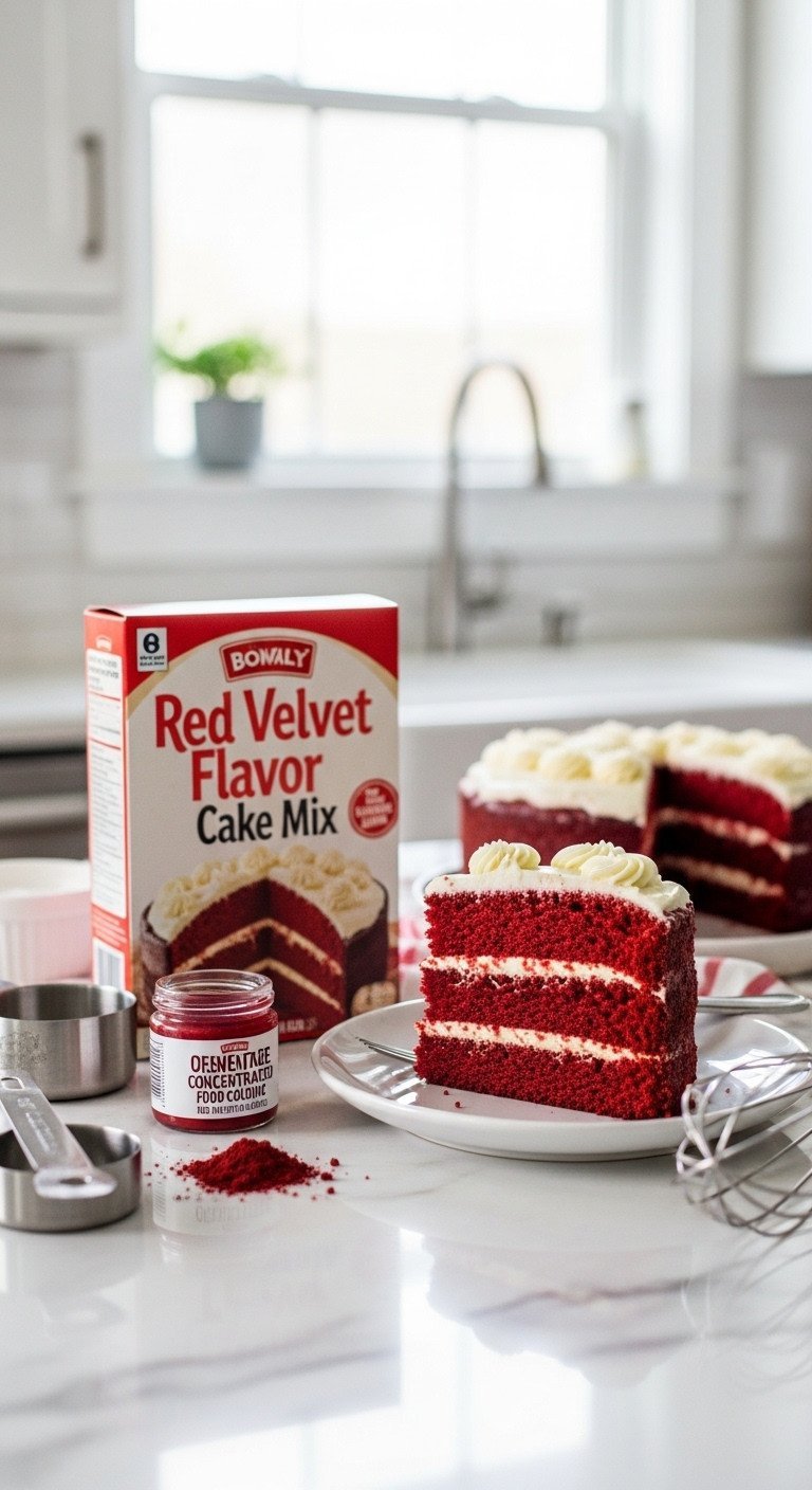 Slice Of Moist Red Velvet Cake On A White Plate, With Cake Mix And Red Food Coloring On A Marble Counter, Evoking A Cozy Kitchen Baking Scene.