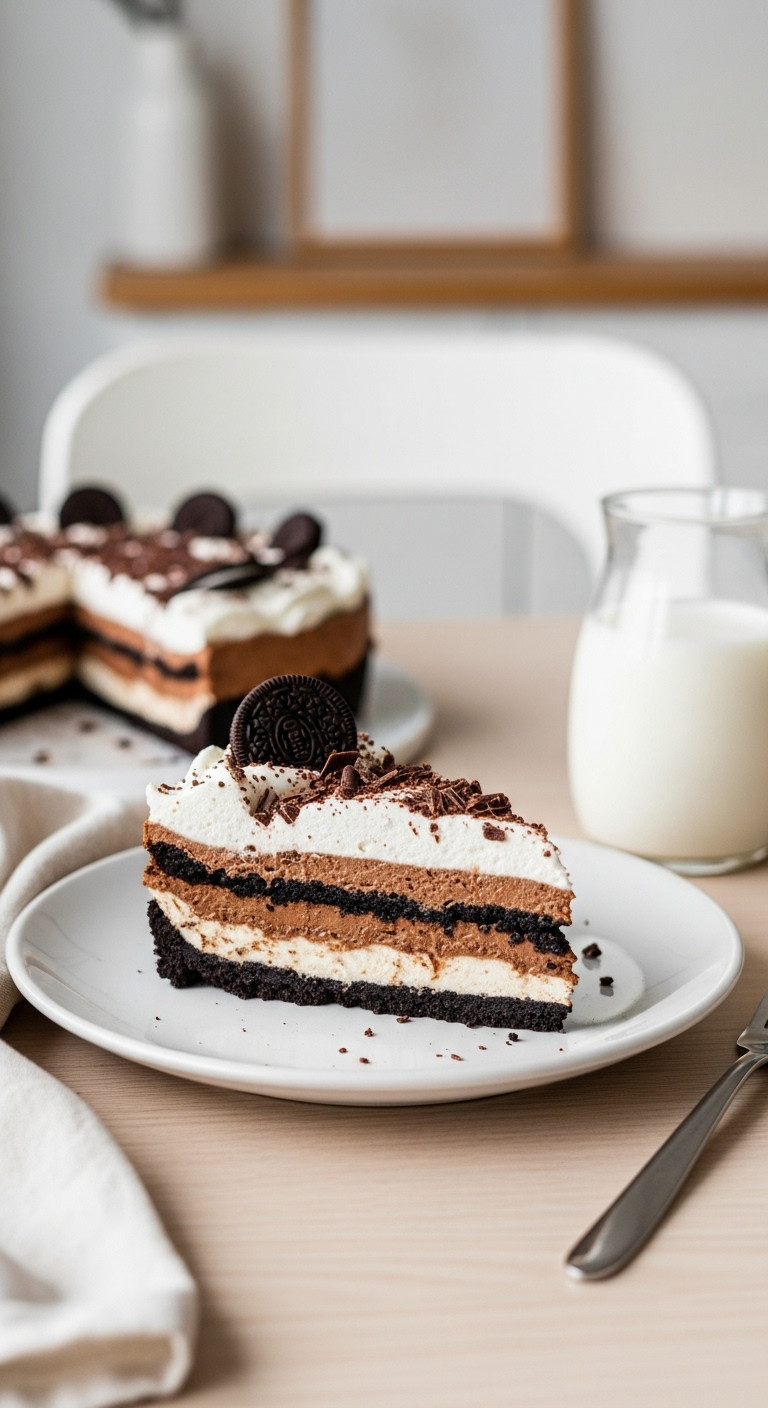 Slice Of No-Bake Chocolate Lasagna With Oreo Crust, Cream Cheese, Chocolate Pudding, Whipped Topping, Chocolate Shavings.