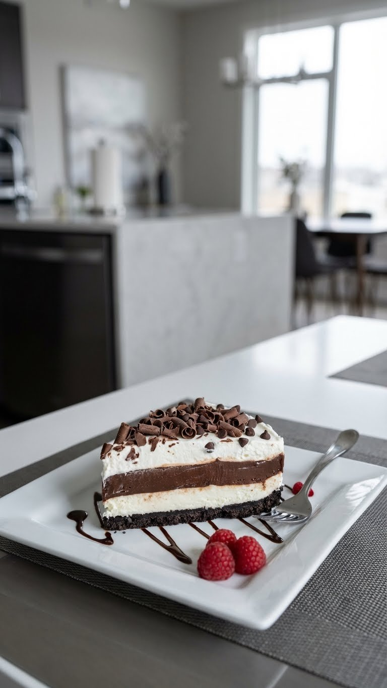 Slice Of No-Bake Chocolate Lasagna With Distinct Layers Of Cookie Crust, Cream Cheese, Pudding, And Whipped Topping.