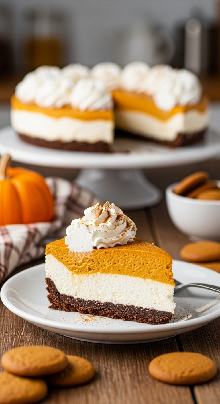 Slice Of No-Bake Pumpkin Cream Cheese Pie With Gingersnap Crust, White And Orange Layers, Whipped Cream, Cinnamon, On A Rustic Table.