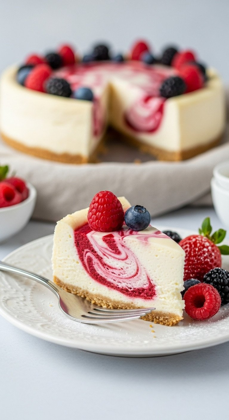 Slice Of No-Bake Vegan Cashew Cream Cheesecake With Vibrant Berry Swirl, Crust, Fresh Berries On White Plate, Elegant.