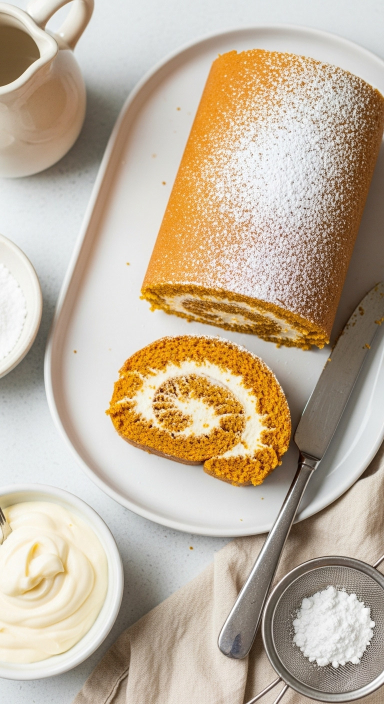 Slice Of Pumpkin Roll Cake With Cream Cheese Filling, Dusted With Powdered Sugar, On A White Platter For Fall Baking.