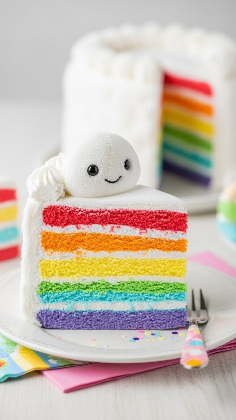 Slice Of Rainbow Layer Cake With Whipped Cream Ruffles And Embroidered Smile On White Dessert Plate
