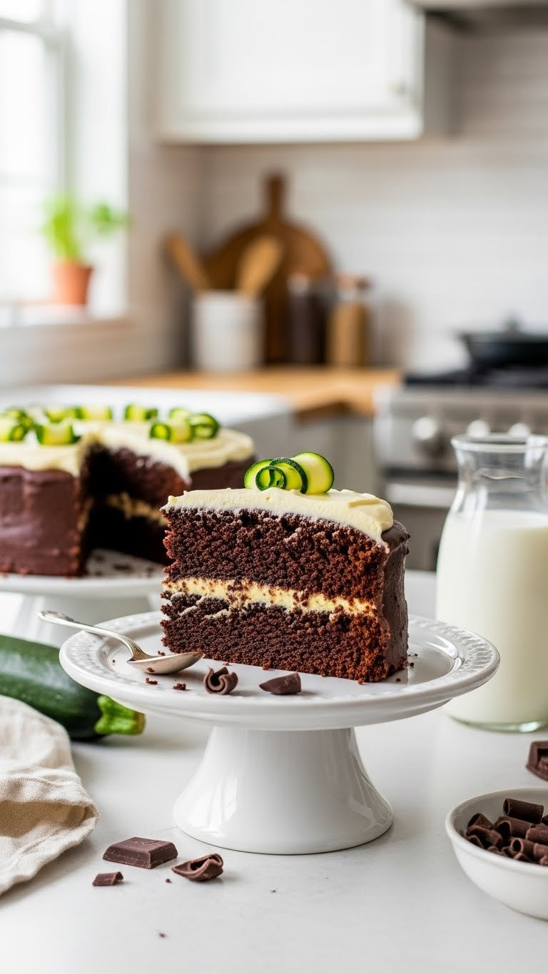Slice Of Rich Dark Chocolate Zucchini Cake With Frosting On White Ceramic Cake Stand In Soft Natural Light