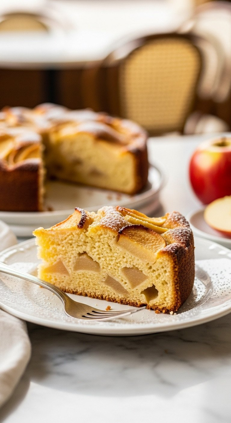 Slice Of Rustic French Apple Cake On A Vintage Plate, Buttery Crumb With Soft Apple Chunks And Golden Top. Powdered Sugar.